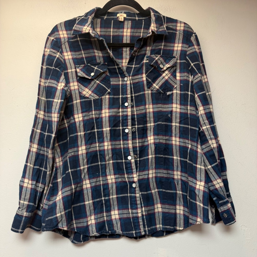 Reba Plaid Button Down Shirt Womens M Blue Tan Excellent 100% Cotton Flannel